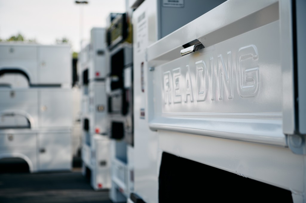 corner-clip The Reading tailgate on the back of a truck body.